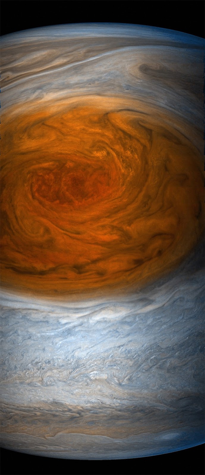 A Grande Mancha Vermelha de Júpiter fotografada pela sonda Juno