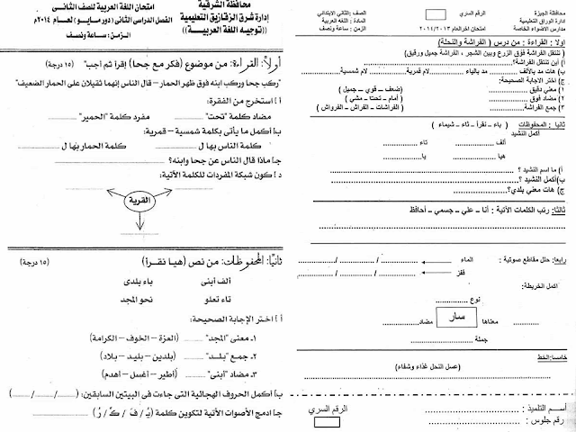 لغة عربية ودين: تجميع كل امتحانات السنوات السابقة للصف الثاني الابتدائي مراجعة خيالية لامتحان اخر العام 2016 15