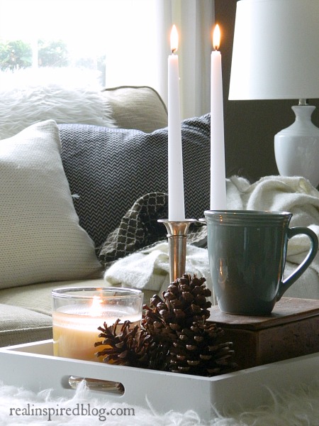 Decorating from the Yard with pineconces candles and coffee