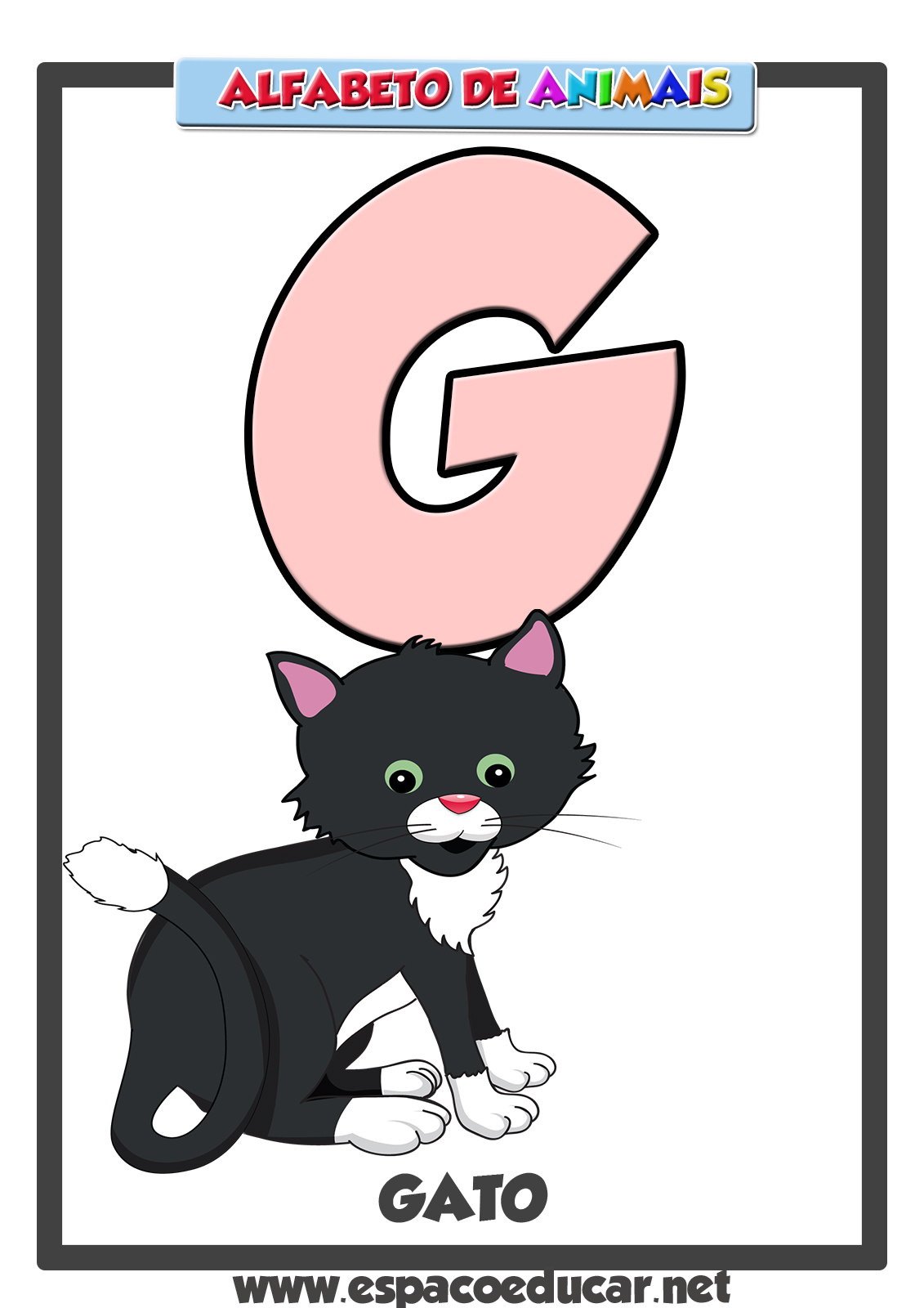 ESPAÇO EDUCAR Alfabeto de Animais grátis colorido para você! Cartaz letra G, do gato! ESPAÇO EDUCAR Alfabeto de Animais grátis colorido para você! Cartaz letra G, do gato!