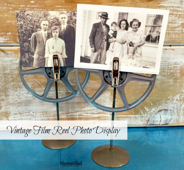 Old film reels become photo displays for vintage photos. www.homeroad.net