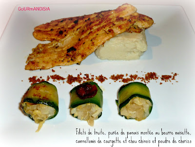 image Filets de truite, purée de panais montée au beurre noisette, cannellonis de courgette et chou chinois et poudre de chorizo