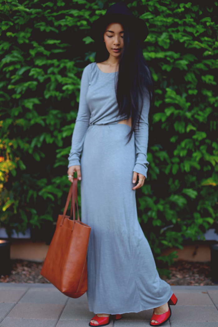 Stephanie Liu of Honey & Silk shares 3 ways to wear red heels. Today's second look is neutral-toned, featuring a Pencey Standard dress, Madewell transport leather tote, and Kelsi Dagger Blanca heels.