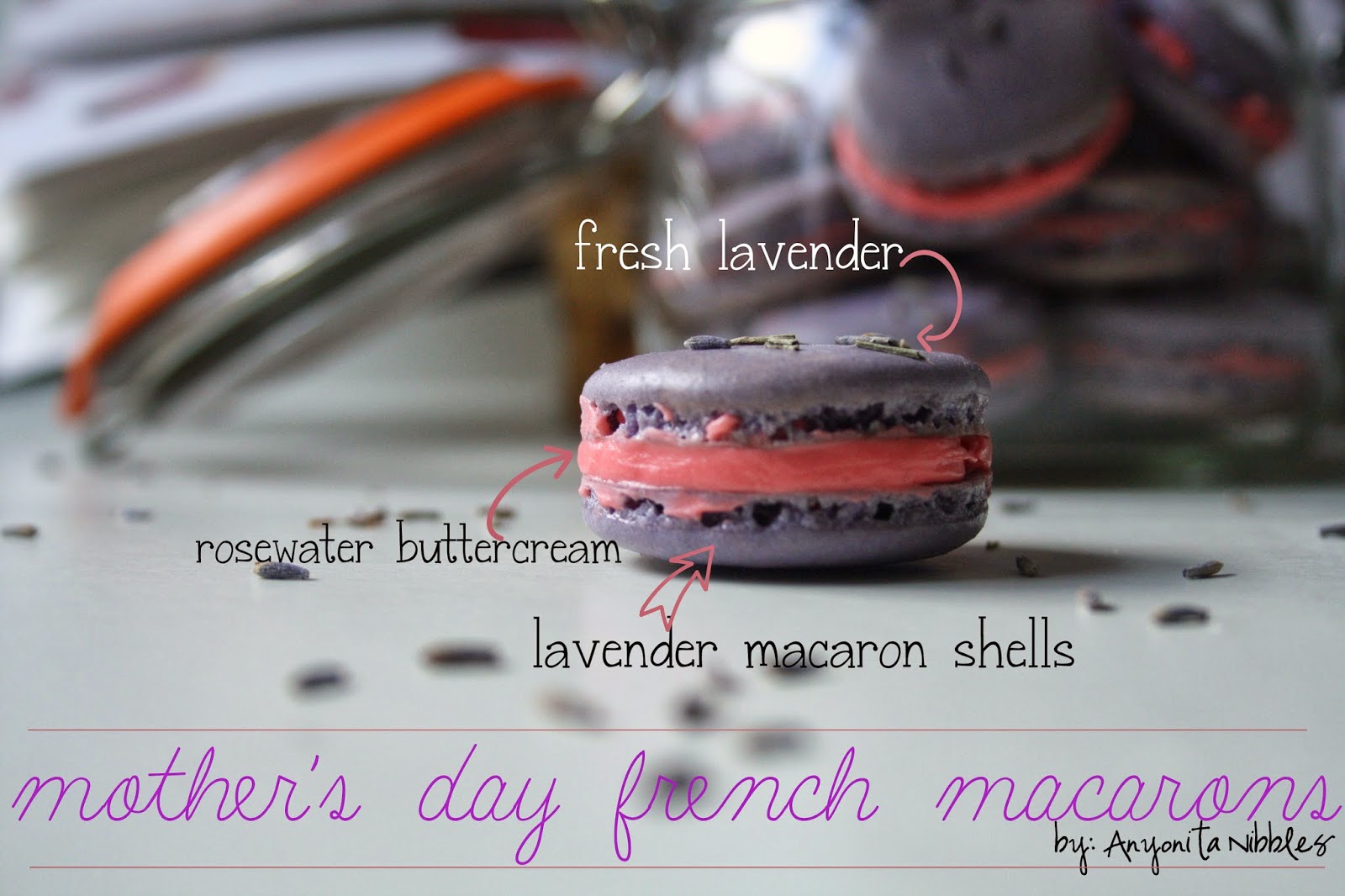 Components of a lavender and rose French macaron from @anyonita