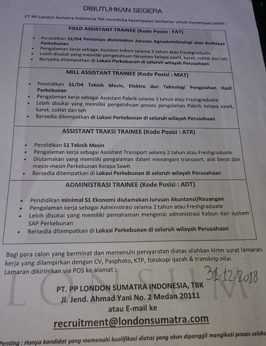 Lowongan Kerja Medan Terbaru di PT PP London Sumatera Indonesia