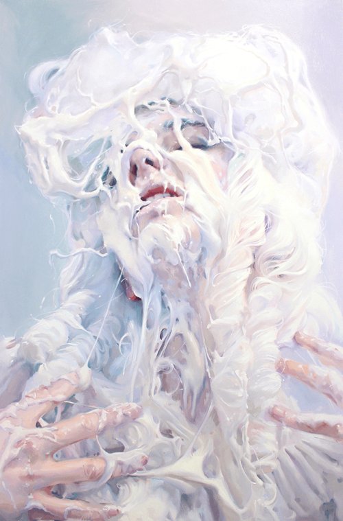 Pessoas cobertas com creme, chantili e outras sobremesas nas provocativas pinturas realistas de Ivan Alifan Ivan Alifan pinturas retratos homens mulheres cobertas creme branco e sobremesas comida fetiche sexualidade