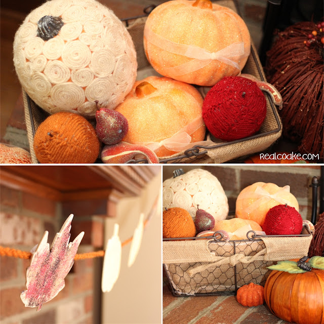 Simple fall decorating ideas for a mantel using pumpkins and inexpensive diy crafts from realcoake.com