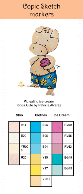 Copic marker color chart for a pig eating ice-cream digital stamp