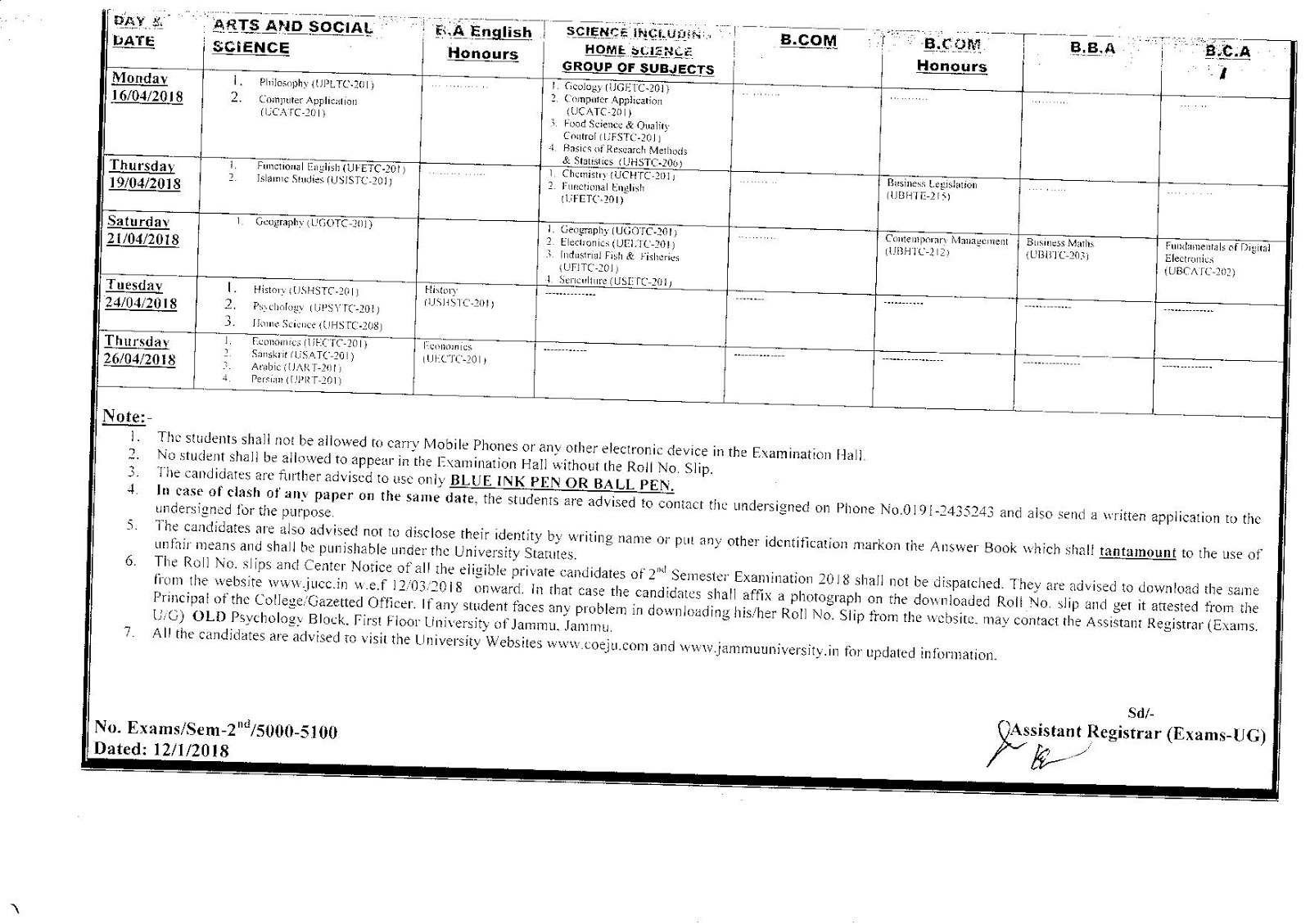 DateSheet of Three Year B.A. / B.Sc. / B.Sc. Home Science / / B