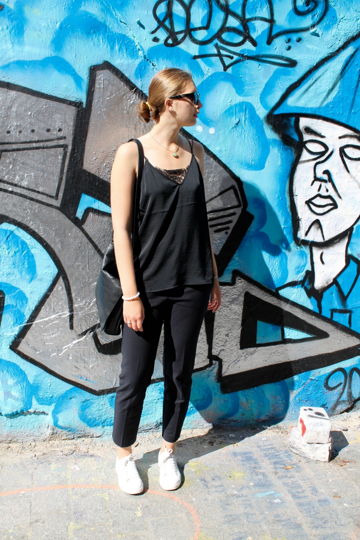 black lace satin top, ankle dress pants #allblackootd #paris