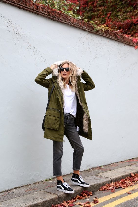 Fashion Me Now - Khaki Fur Hood Parka + Black Vans Sk8 Hi Sneakers