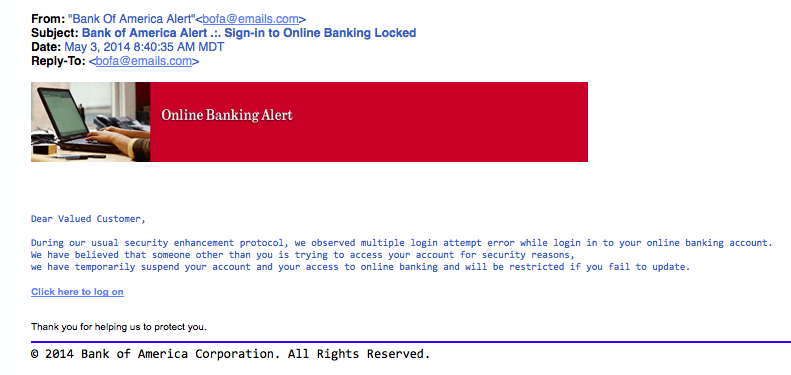 Bank of America phishing example