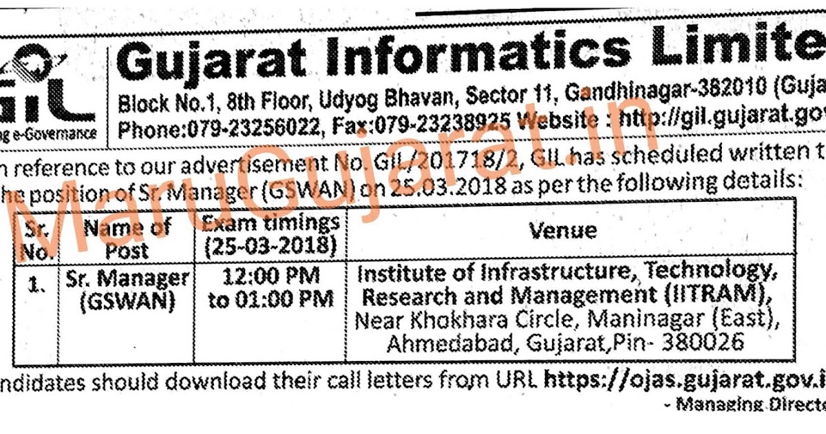 Gujarat Informatics Limited (GIL) Senior Manager (GSWAN) Exam Date