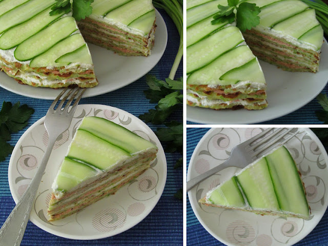 Кабачковый торт с начинкой из феты, авокадо и икры мойвы