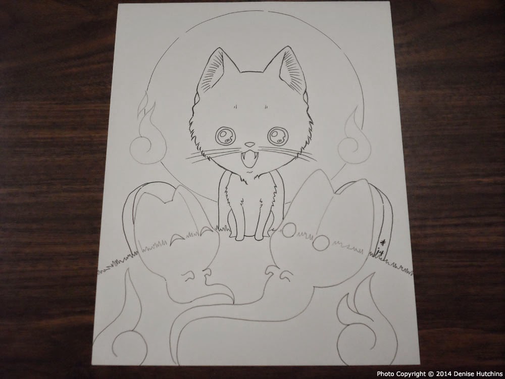 Lineart Drawing of a Chibi Cat and Ghosts
