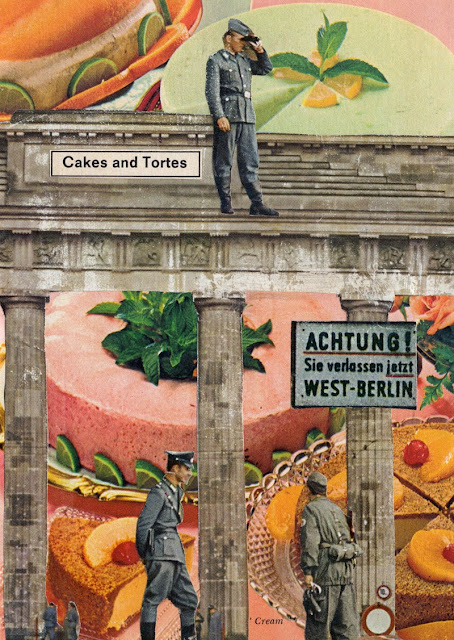 Postcards featuring retro food and old buildings