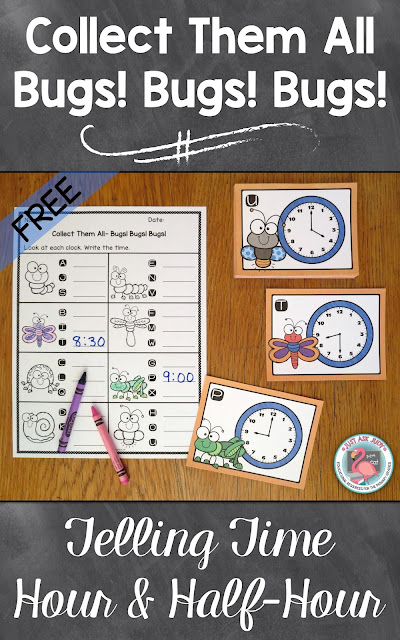 Enjoy this free bug themed small group task card math activity with a twist, for practicing or reviewing telling time to the hour and half-hour; perfect for first grade, summer review, or the beginning of second grade. 