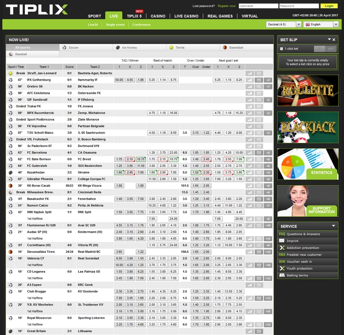 Tiplix Live Betting Screen