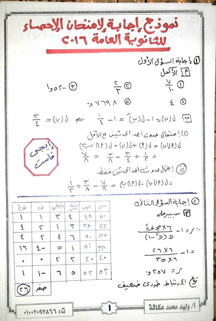 نموذج اجابة امتحان الاحصاء للصف الثالث الثانوى 2016 من اعداد الاستاذ وليد عكاشة 1