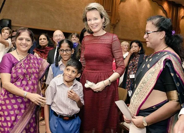 Queen Mathilde wore Natan Lace Dress from Spring Summer Colection and Natan Pumps, gold diamond earrings