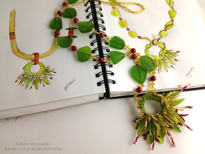 two design sketches for Sea Grass, freeform beaded necklace by Karen Williams