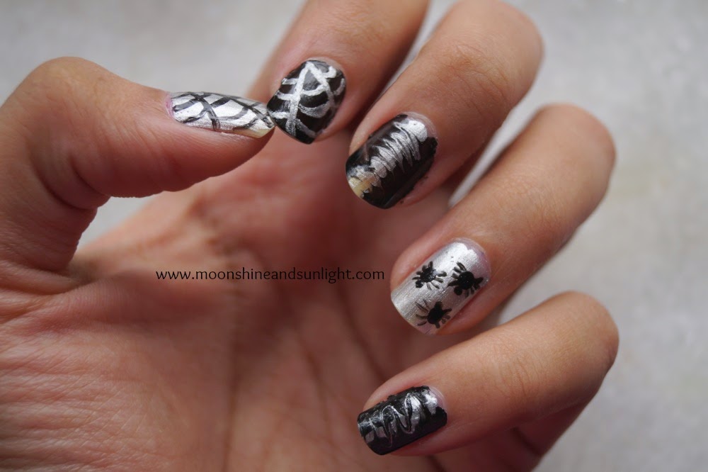 Tiny spider halloween nail art , Black and silver halloween nails 