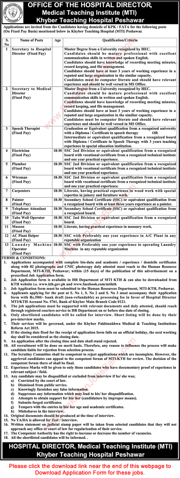 Khyber Teaching Hospital Peshawar Jobs May 2017 KTH MTI Application Form Download Latest
