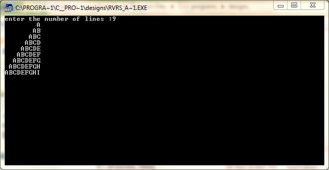 BASIC C++ PROGRAMS: LATERALLY INVERTED TRIANGLE OF ALPHABETS