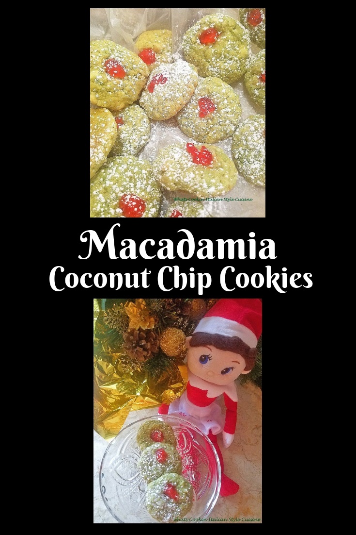 these are a festive macadamia nut green cookie with cherries on top with the elf on the shelf female doll in the photo along with pine cone centerpiece. for the Christmas cooking tray and baking holiday season