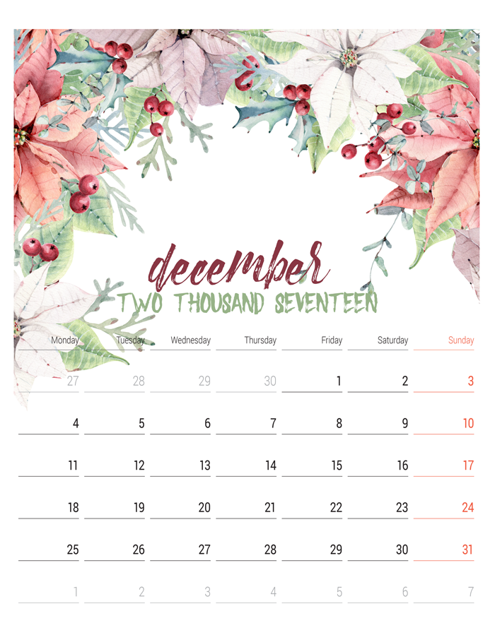 2017 Printable Watercolor Calendar | This beautiful 12-month calendar is the perfect accent to any decor. Instantly print and display. Each page fits an 8x10 frame. 