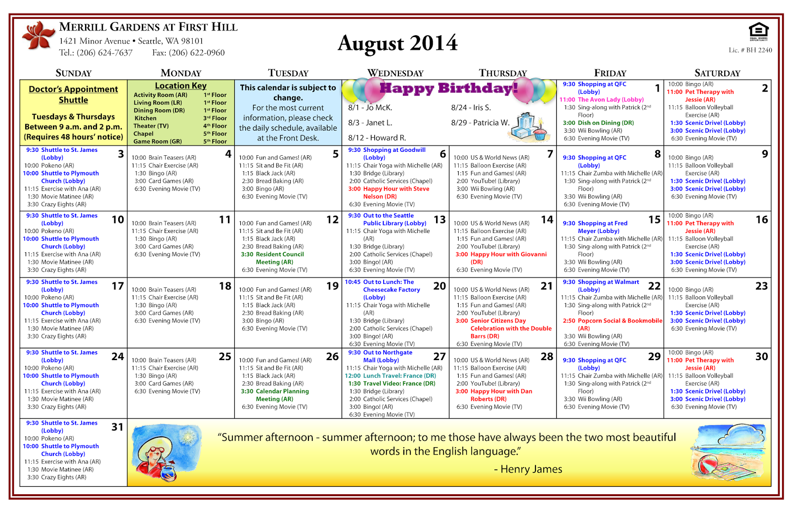 Merrill Gardens at First Hill August's Active Living Calendar