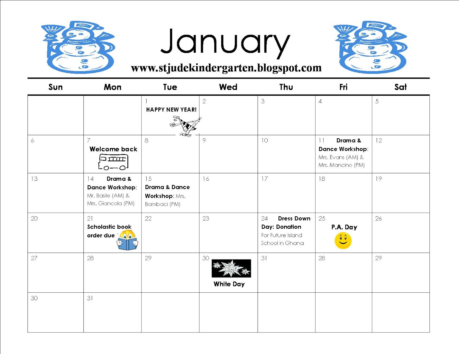 Kindergarten January Calendar
