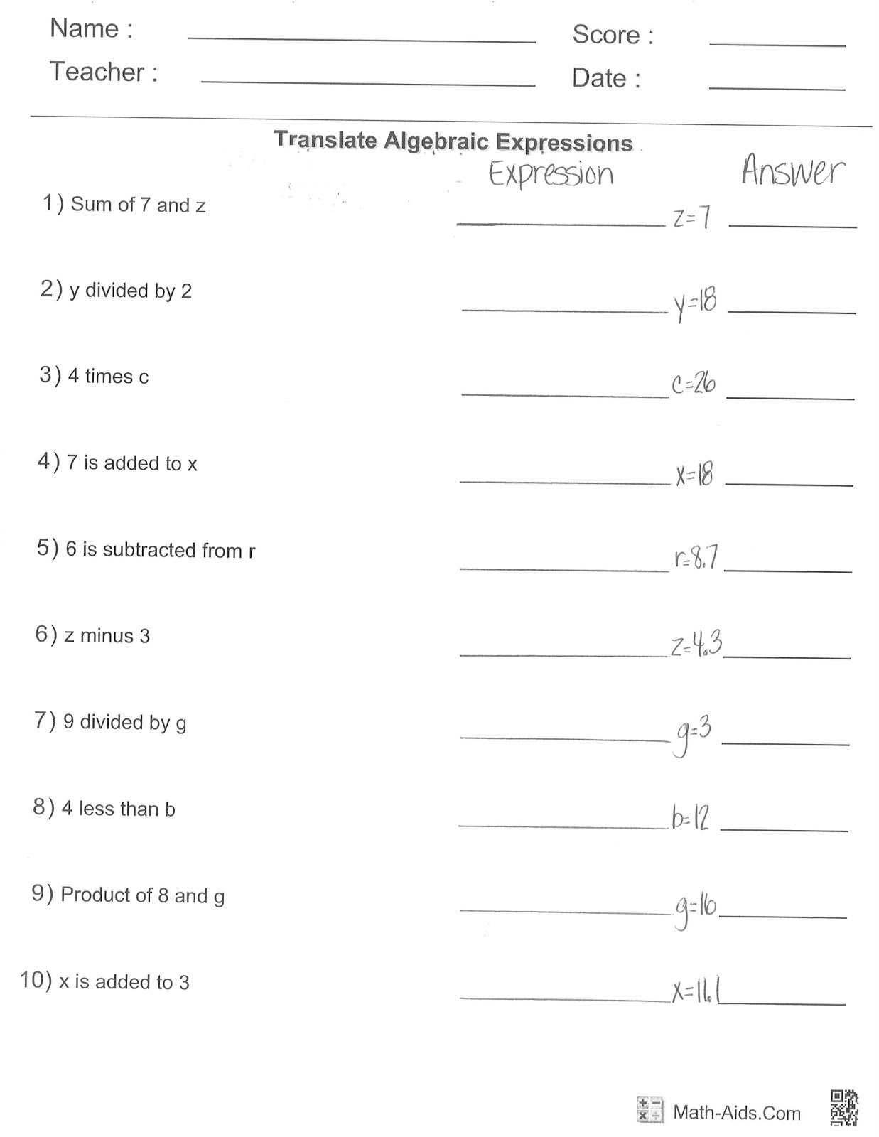 Equivalent Expressions Worksheet 6th Grade