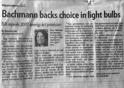 Pioneer Press story: Bachmann Backs Choice in Lightbulbs