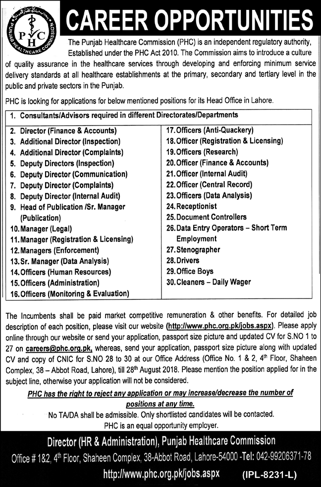 PHC Jobs Punjab Healthcare Commission August 2018 Apply Online 