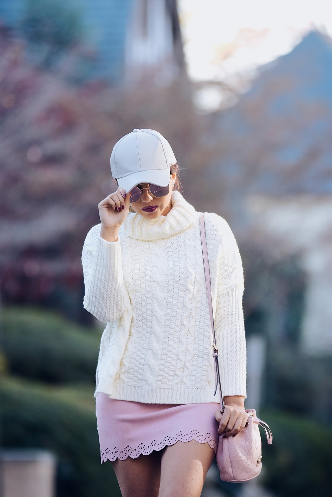 Cable Knit Sweater by Mari Estilo Wearing: Baseball Hat: Gamiss Cable Knit sweater: SheIn Skirt: Choies Bag: Michael Kors Boots: Target Style 