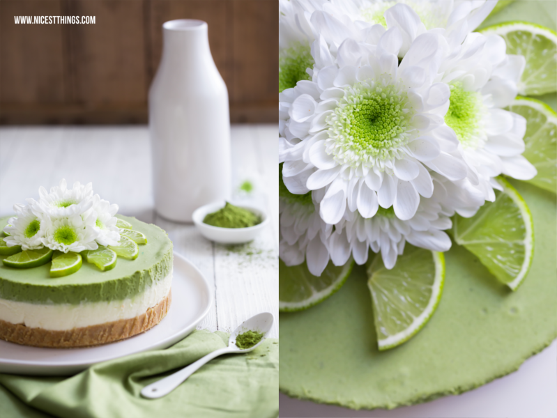 Matcha Cheesecake grüner Kuchen mit Matcha Tee und Limetten