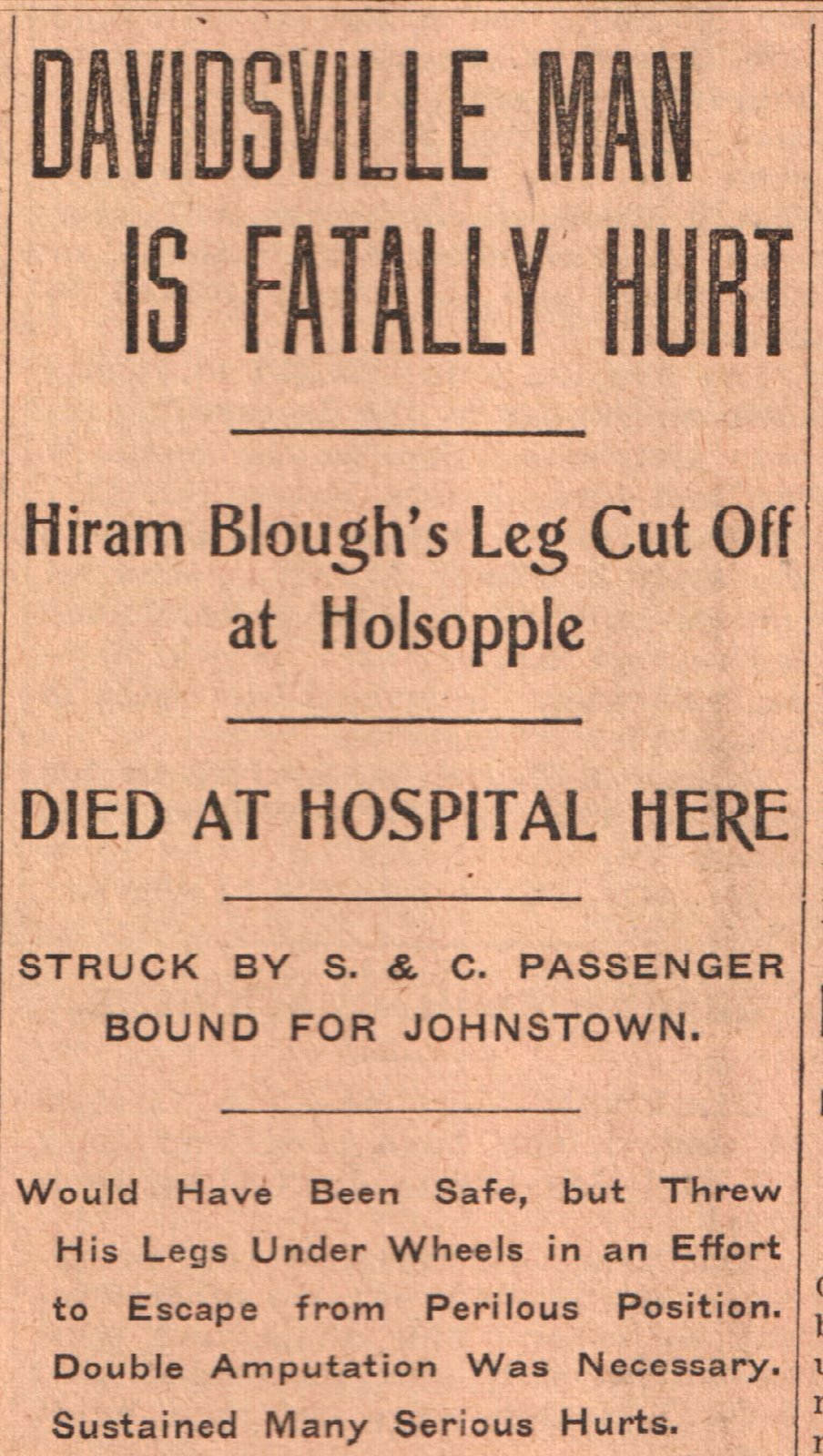 Vintage Johnstown Davidsville Man Legs Cut Off by Train 1907