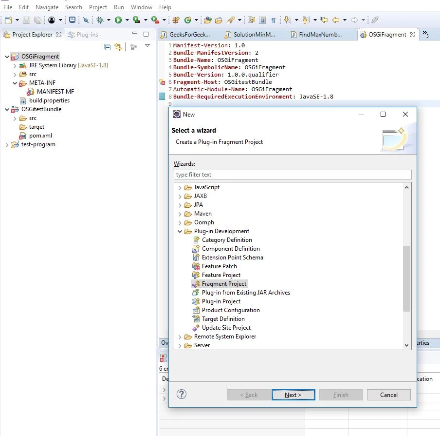 Select OSGi fragment project from other project section in Eclipse