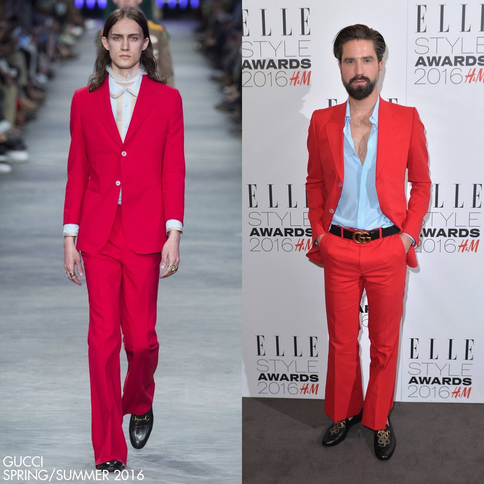 Gucci - To the Elle Style Awards, Jack Guinness wore a Spring Summer 2016  crêpe suit, GG belt and snake embroidered Horsebit loafers.