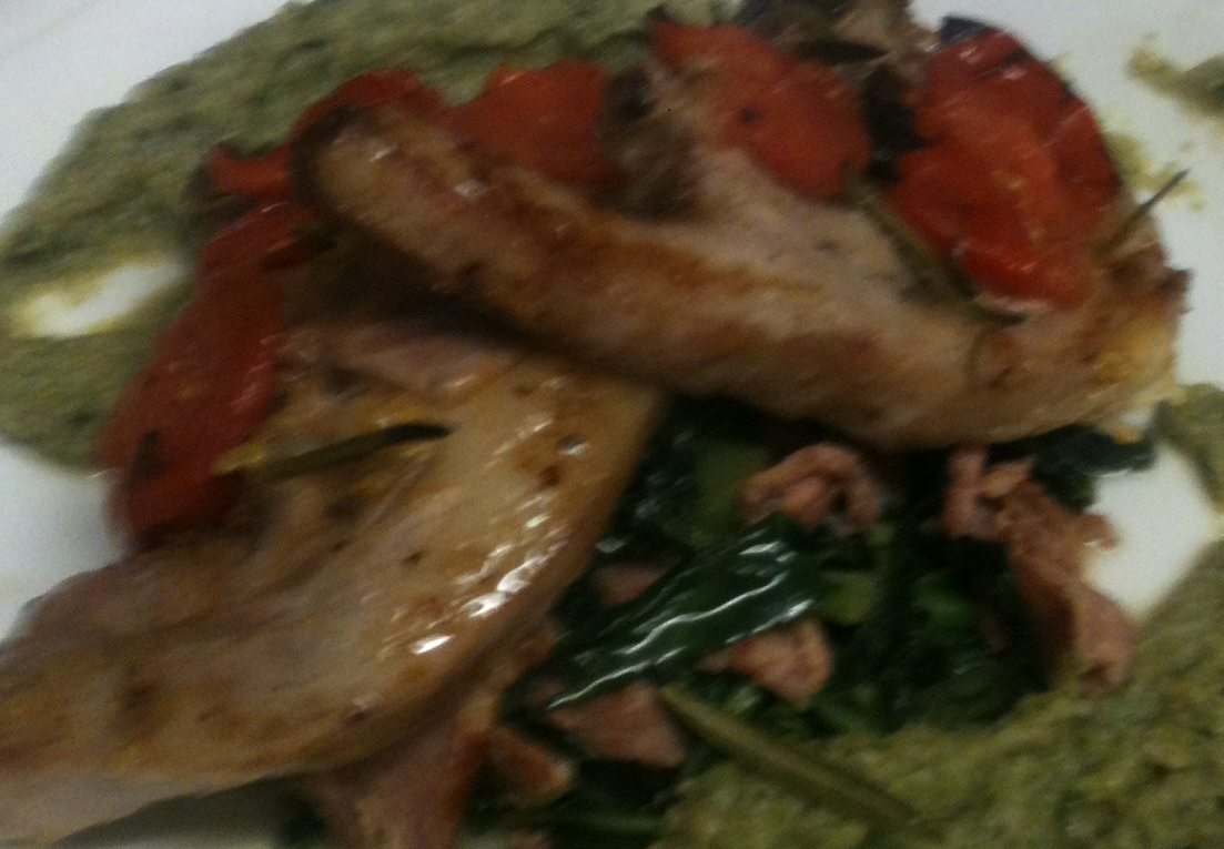 Main Courses Lamb Loin Steak with courghette puree & cabbage & smoked