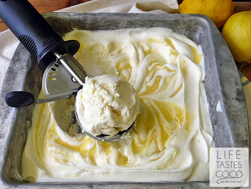 Lemon Curd Ice Cream | by Life Tastes Good is a no churn ice cream you can make in about 5 minutes with just 3 ingredients! #IceCreamWeek #NoChurn