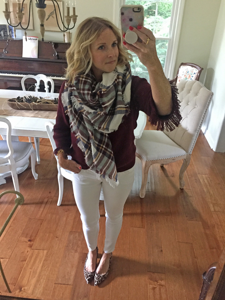 burgundy sweater with white jeans, blanket scarf and leopard heels