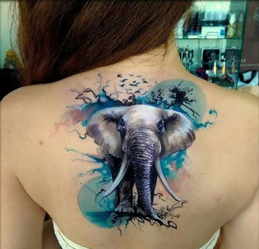 Um elefante retrato é embelezado com um resumo de plano de fundo utilizando uma paleta de blues elétrico.