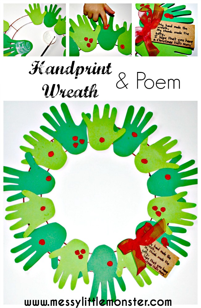 A handprint and fingerprint Christmas wreath with poem.  A simple kids Christmas craft suitable for toddlers and preschoolers. 