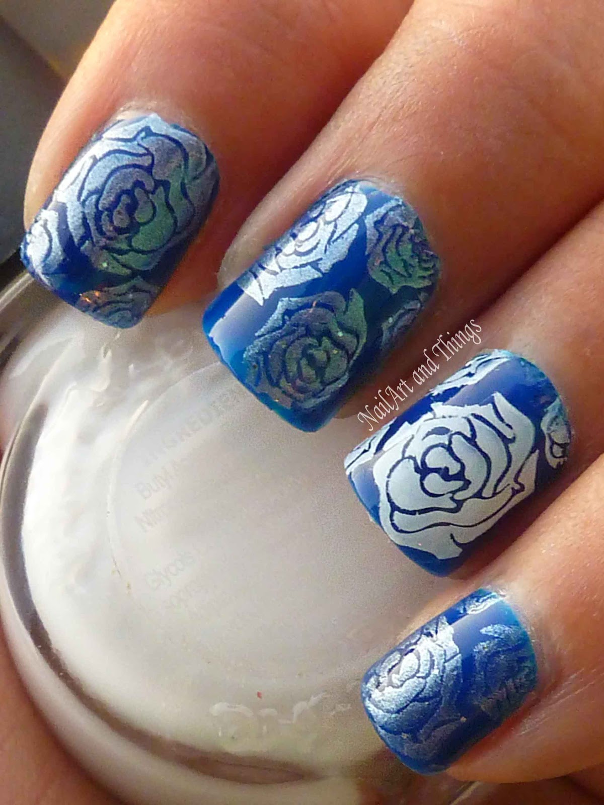 NailArt and Things: Blue Roses Porcelain Nail Art (Jelly polish)