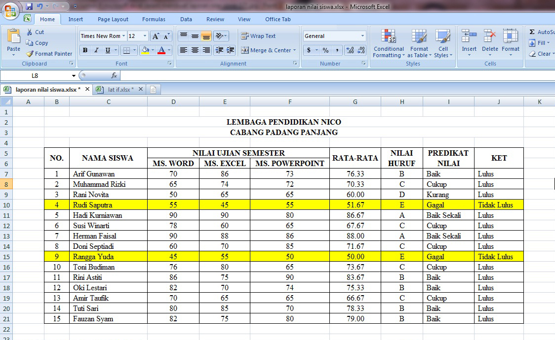 Membuat laporan nilai siswa pada Microsoft Excel