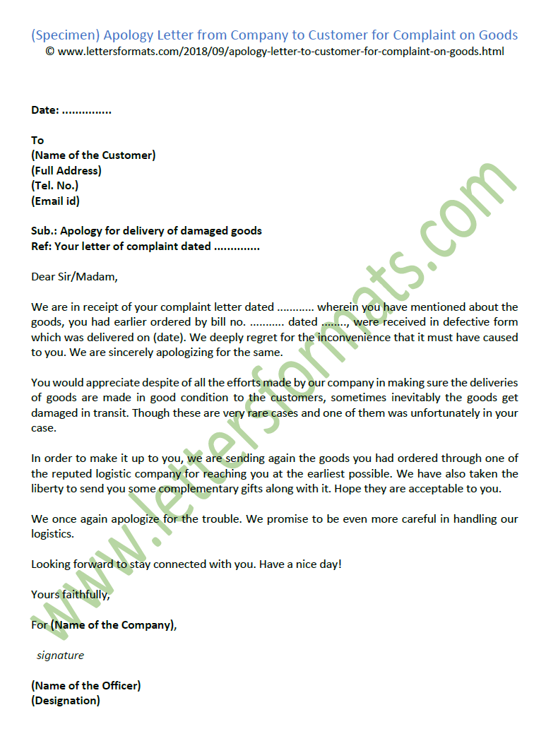 Sample Apology Letter to Customer for Damaged Defective Goods