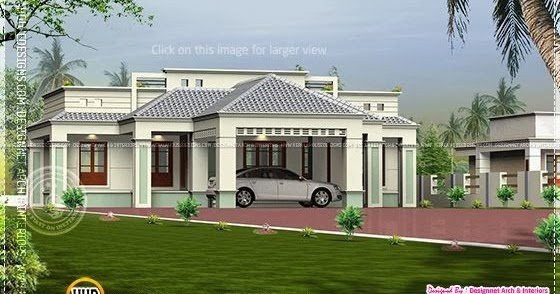 Kerala home design and floor plans: Single floor home with center car 