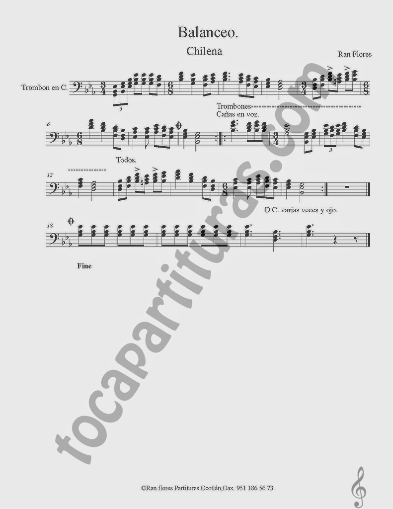 Partitura de Balanceo en clave de fá, partitura para trombón, puede servir para instrumentos como chelo, fagot, bombardino, tuba o cualquiera en clave de fa